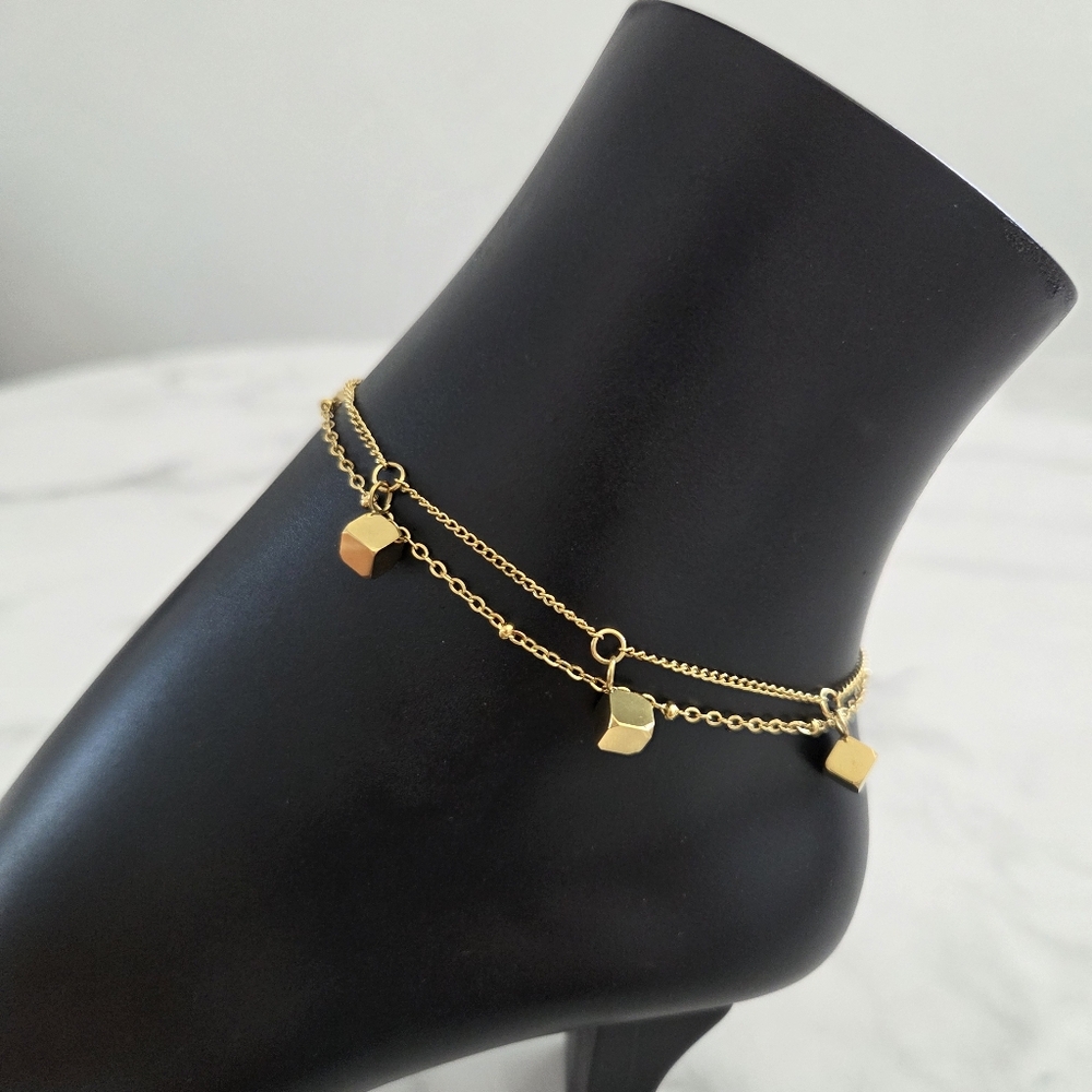 Dainty Gold Cube Charm Anklet Layered Double Strand Foot Bracelet Boho Beach - Picture 3 of 11